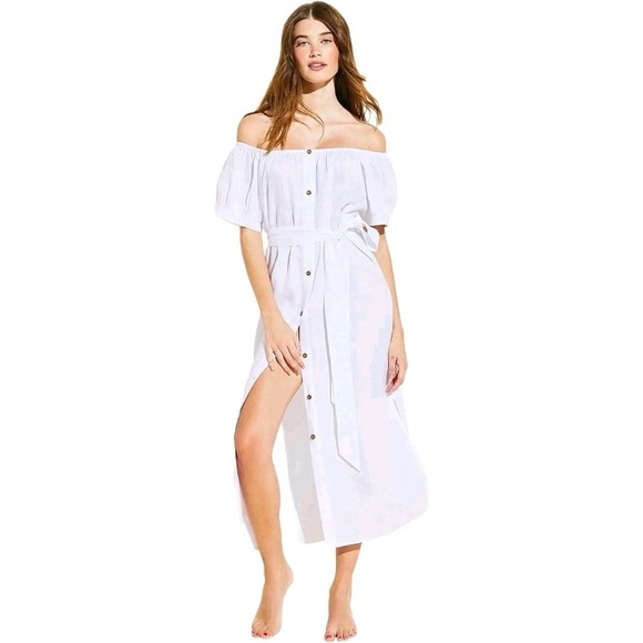 Eberjey White Off-Shoulder Midi Dress NWT - Picture 3 of 5
